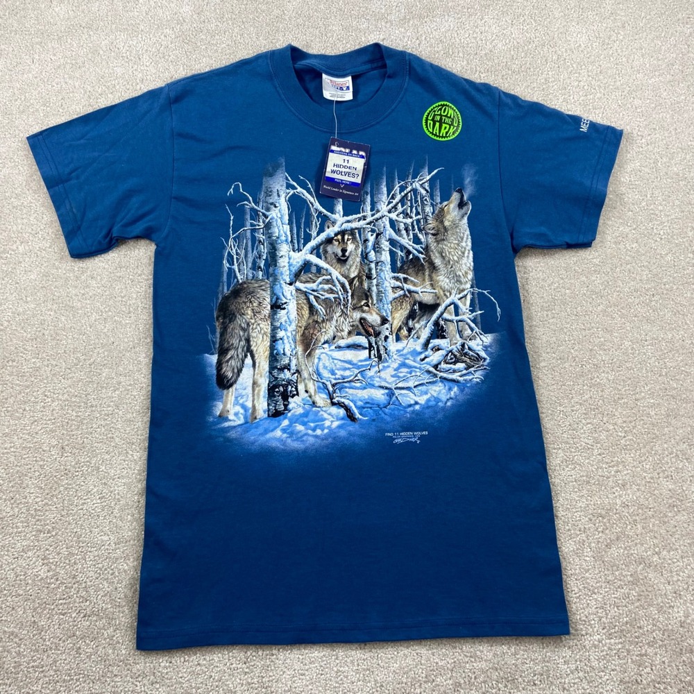 Vtg Wolf Graphic T-Shirt Mens S Blue Glow In Dark Hidden Wolves Meeker Beefy-T